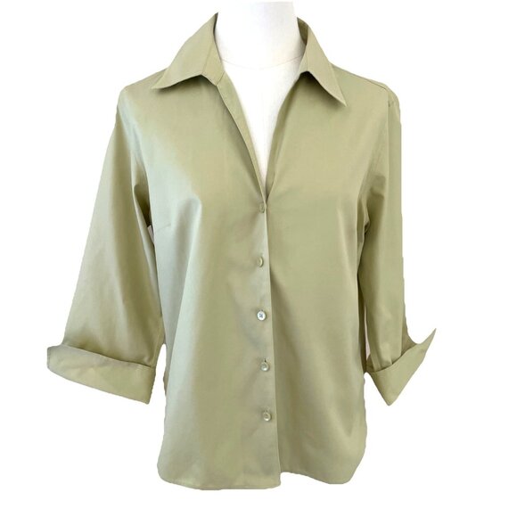 Vintage Talbots Wrinkle Resistant Button Down Blouse Size 8 Sage Green Luxury - Picture 1 of 12
